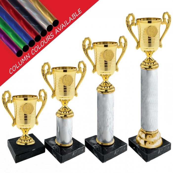 CENTRE HOLDER CUP COLUMN PLASTIC TROPHY - WITH CHOICE OF SPORTS CENTRE - 4 SIZES